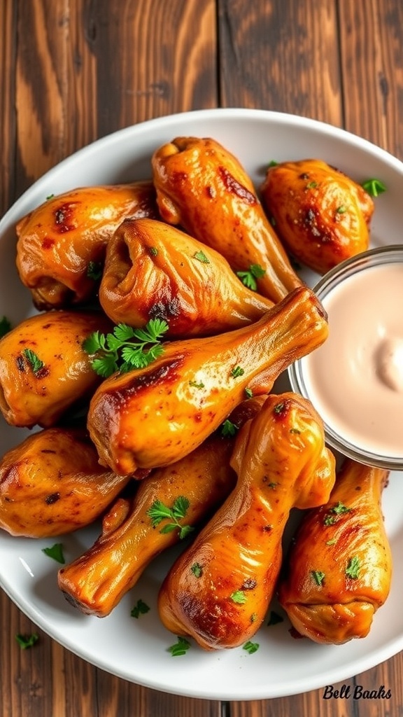 Golden-brown baked chicken drumsticks on a plate, garnished with herbs, with dipping sauce on the side.